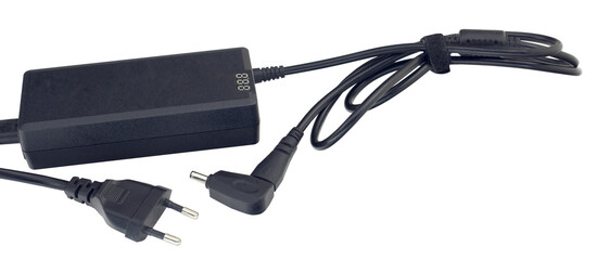 Computer charger for a laptop on white