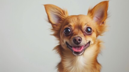 A cute brown Chihuahua is captured in a studio shot with a happy and lively expression