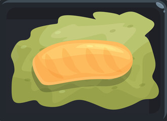 Salmon fillet baking on green pesto sauce, lying on black oven tray