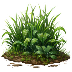 Obraz premium Lush green grass and plants with dew droplets on leaves, isolated on white background, perfect for nature and gardening themes.