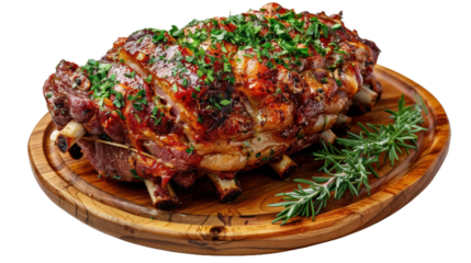 Herb-Crusted Roast Lamb Rack on a Wooden Platter with Fresh Rosemary