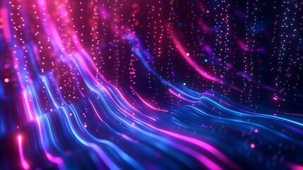 Fototapeta premium A futuristic background with flowing neon light waves in blue and pink, adorned with sparkles. Suitable for tech and party themes.