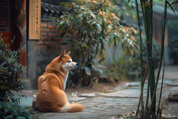 Obraz premium Loyal Shiba Inu Guards Ancient Courtyard With Bamboo And Plum Blossoms