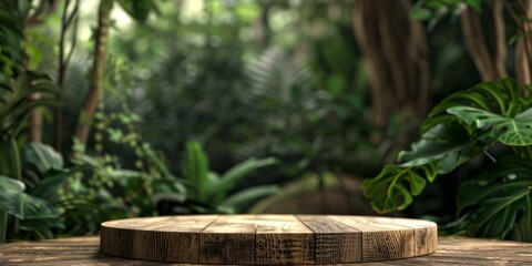 Wood tabletop podium floor in outdoors tropical garden forest blurred green leaf plant nature background.Natural product placement pedestal stand display,jungle paradise concept. High quality photo