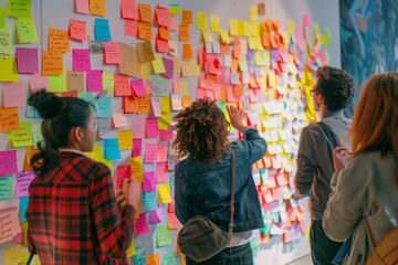 portrait-style photo featuring a diverse group of team members standing around a wall covered in colorful sticky notes, each contributing their ideas. The vibrant and dynamic atmos