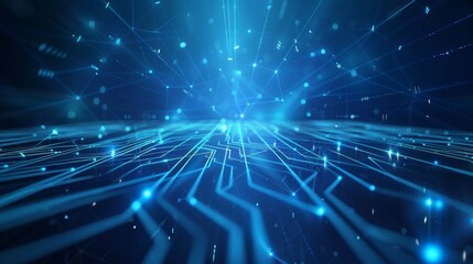 A blue background with a central geometric shape formed by glowing lines, resembling a futuristic blueprint or technological interface. The minimalist design suggests innovation, precision, and