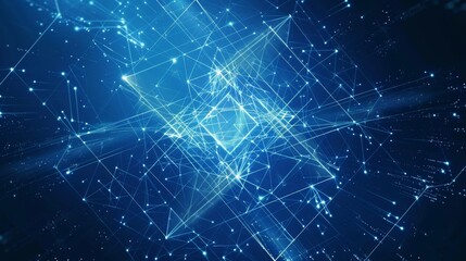 A blue background with a central geometric shape formed by glowing lines, resembling a futuristic blueprint or technological interface. The minimalist design suggests innovation, precision, and