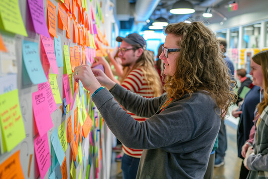 portrait-style photo featuring a diverse group of team members standing around a wall covered in colorful sticky notes, each contributing their ideas. The vibrant and dynamic atmos