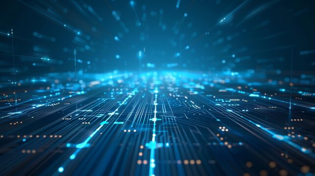 A blue background with a central geometric shape formed by glowing lines, resembling a futuristic blueprint or technological interface. The minimalist design suggests innovation, precision, and