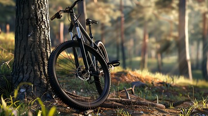 Fototapeta premium A contemporary black mountain bike leaning beside a tree very detailed and realistic shape