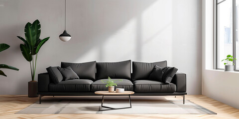 Modern living room with black sofa, indoor plants, and wooden coffee table in bright natural light