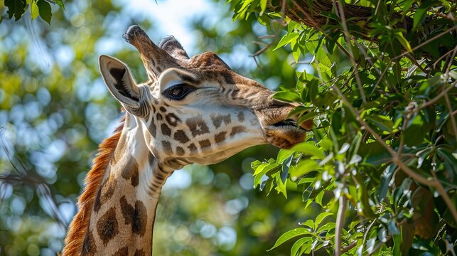 jiraf eating leaves from a tall Tree