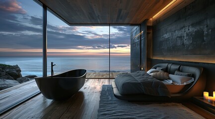 Obraz premium Une chambre à coucher de luxe avec un sol en bois, une baignoire et un lit noirs donnant sur l'océan la nuit avec un éclairage doux et des lumières orange.