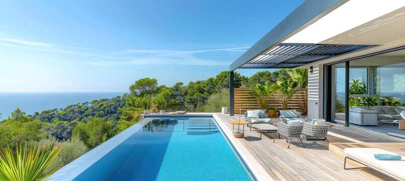Villa moderne avec piscine dans le sud de la france, terrasse pour l'ombrage, meubles de salon, plantes, vue sur la mer et la for&ecirc;t.