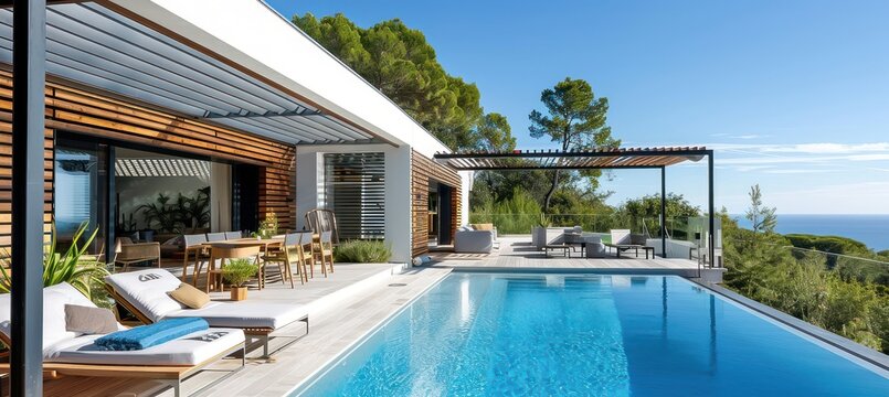 Villa moderne avec piscine dans le sud de la france, terrasse pour l'ombrage, meubles de salon, plantes, vue sur la mer et la for&ecirc;t.