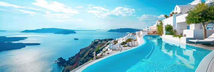 Obraz premium Voyages de luxe, vue panoramique d'une piscine à débordement surplombant la mer bleue, bâtiments blancs, villa de rêve offrant une vision magnifique.