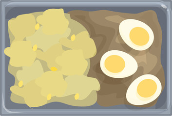 Lunch box containing potatoes and eggs being delivered by a food delivery service