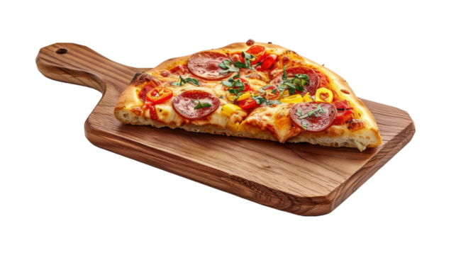 Tasty Pepperoni Pizza Slice on Wooden Serving Board