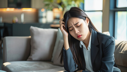 A stressful business woman sitting on a sofa and suffering from headache with hand holding her head