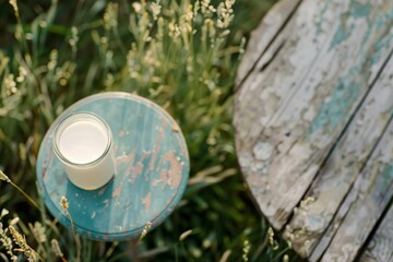 A serene field scene captured from above showing a glass of milk resting on a table surface