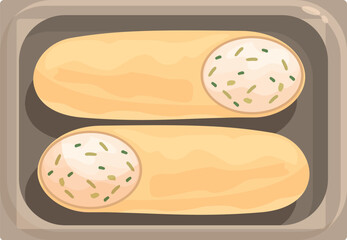 Two delicious baguettes filled with cream cheese and herbs, lying on a tray, offering a tasty and convenient meal or snack option