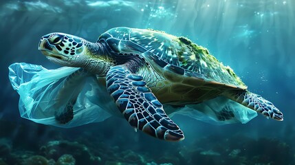 A deep diving mediterranean sea turtle with a plastic bag very detailed and realistic shape