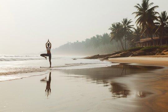 Tranquil beach yoga  man practicing yoga on the sandy indian shoreline by the beautiful ocean