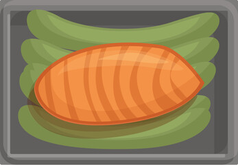 Salmon fillet and asparagus spears lying on baking sheet, preparing healthy meal