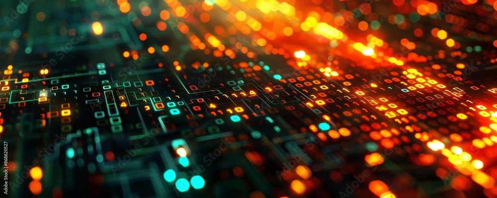 Poster digital circuitry with binary code and glowing lights