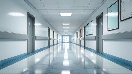 Obraz premium Empty hospital corridor with clean, bright design