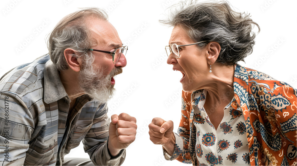 Sticker mid aged couple yelling at each other isolated on white,