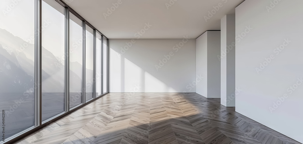 Poster parquet floor and white walls in a modern empty room, large panoramic window on left.