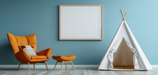 Blank frame mockup in an elegant room with blue walls, featuring an orange armchair and a children's teepee.