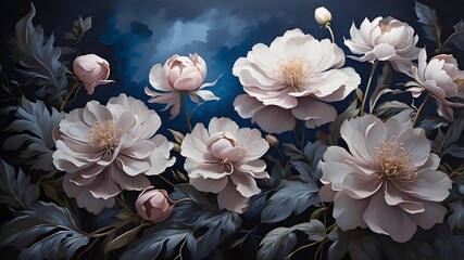 "A mesmerizing oil painting of prairie smoke flowers at night, with a velvety midnight blue background that blurs into the darkness, highlighting the delicate, feathery plumes that softly aglow with a