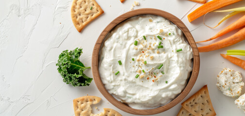 Wooden bowl of Greek yogurt dip with green onion, on a white table with crackers and vegetables.