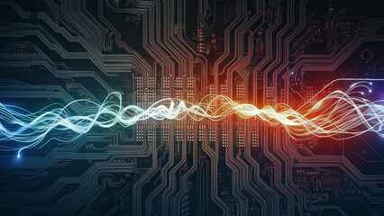 Obraz premium Futuristic Digital Circuit with Glowing Energy Waves