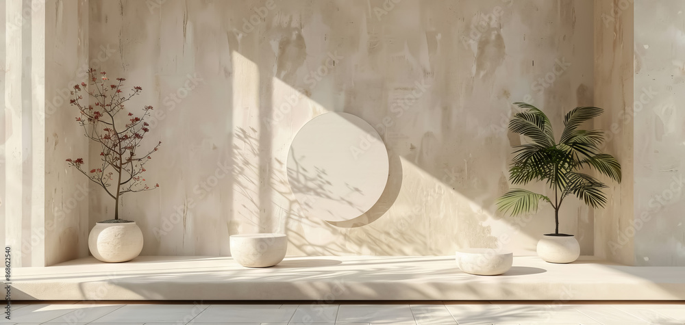 Poster abstract beige background with minimalistic geometric shapes and podiums, great for product presenta