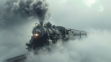 A ghostly steam train apparition appears out of the thick fog very detailed and realistic shape