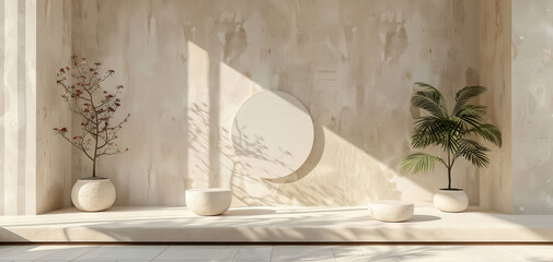Abstract beige background with minimalistic geometric shapes and podiums, great for product presentations.