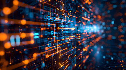 Obraz premium Blue and orange digital circuit, futuristic technology interface