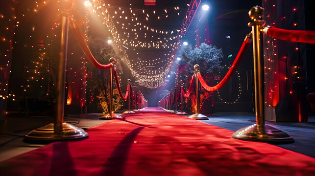 Glamorous Night Event with Red Carpet, Spotlights, and Velvet Rope Entrance. Concept Red Carpet Arrival, Celebrity Moments, Exclusive VIP Party, Glamorous Outfits, Elegant Decor