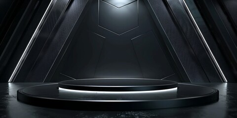 Black Circular Platform with Geometric Background