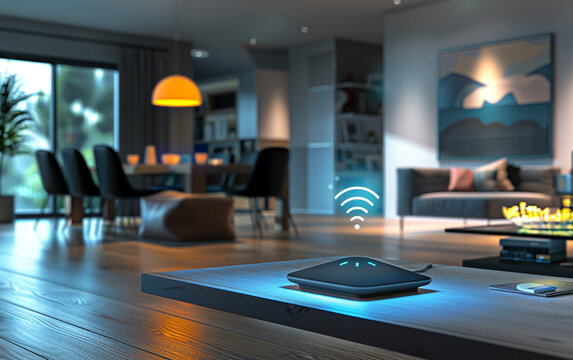 Central WiFi device spreading signals throughout a modern living room, showcasing a high-tech and ultra-realistic setting.