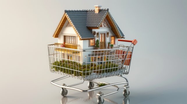 House Hunt  A 3D render of a house nestled inside a shopping cart, symbolizing the journey of home buying  The clean and modern aesthetic highlights the excitement and potential of this significant li