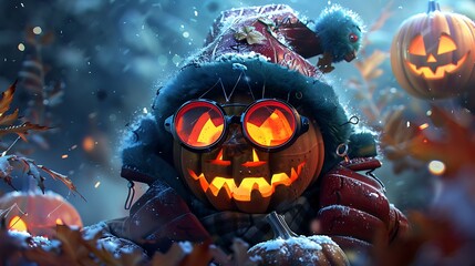 A halloween pumpkins wearing the winter coat and wearing the halloween glasses background very detailed and realistic shape