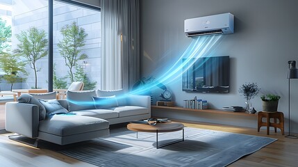 Inviting air-conditioned living room with visible cool air, An Air conditioning unit emitting a cool breeze in the summer season into a room. 