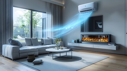 Inviting air-conditioned living room with visible cool air, An Air conditioning unit emitting a cool breeze in the summer season into a room. 