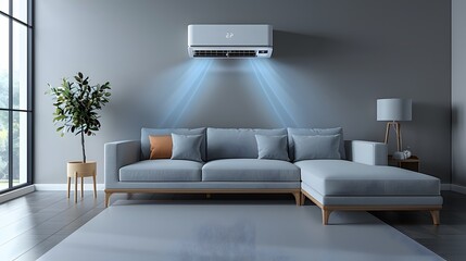 Inviting air-conditioned living room with visible cool air, An Air conditioning unit emitting a cool breeze in the summer season into a room. 