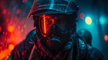 Naklejka premium Futuristic Firefighter Battles Raging Urban Inferno with Plasma Water Hose
