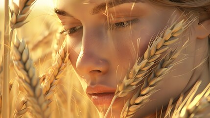 Pensive Maiden with Wheat in Soft,Muted